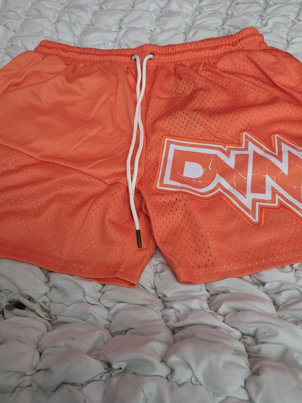 Men's Athletic Orange Mesh Drawstring Shorts with Graphic